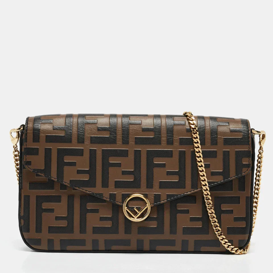 Fendi Tobacco/Black Zucca Embossed Leather FF Wallet On Chain