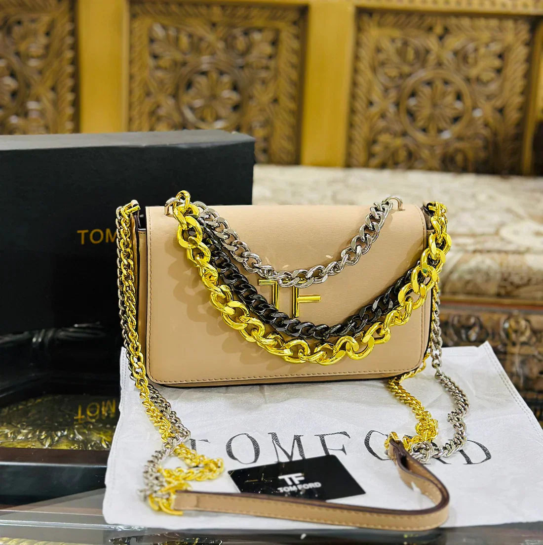 Tom Ford Crossbody Women Bag with Long Chain (Beige / Gold)
