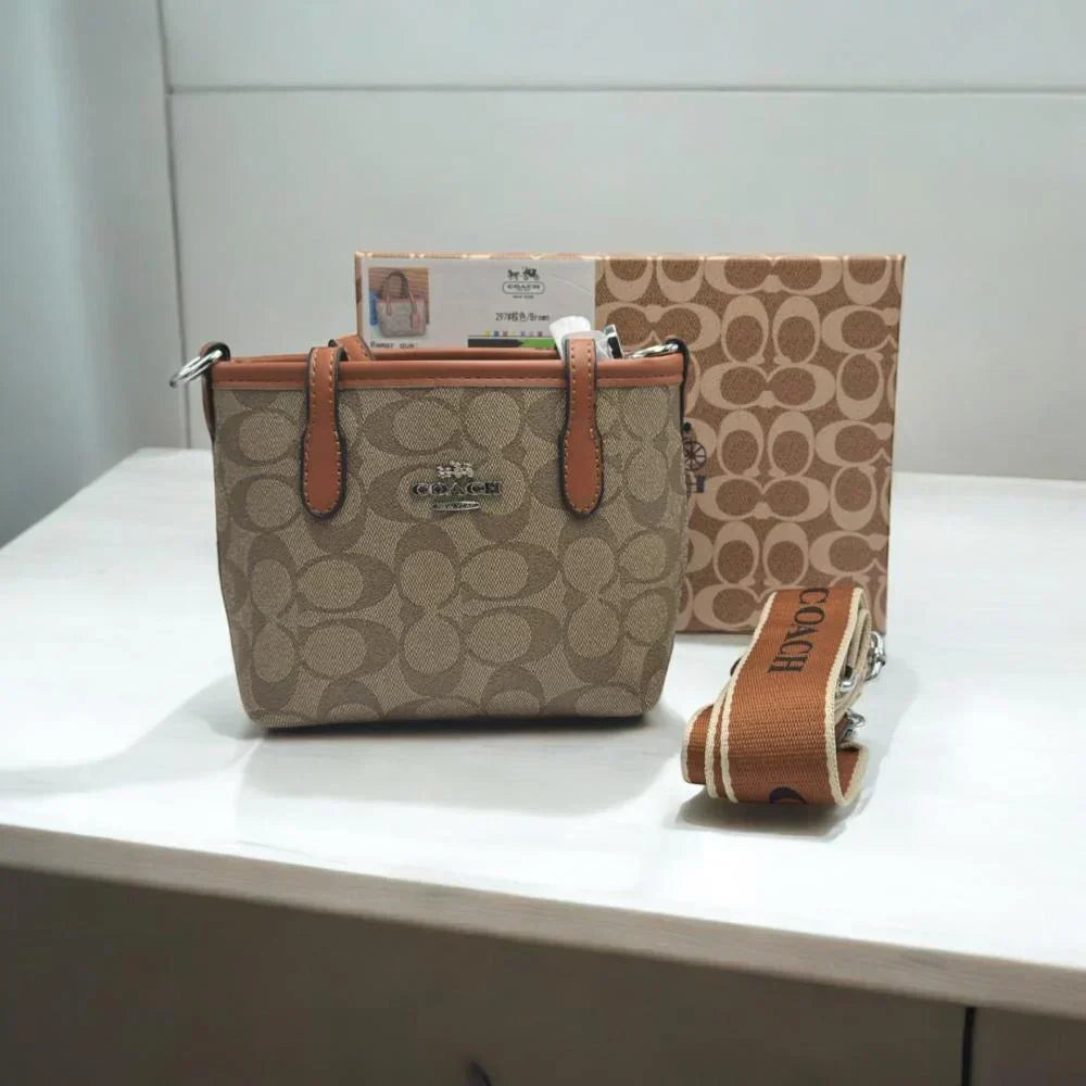 Coach Mini City Tote 15 Crossbody in Light Brown with Box – Stylish Luxury Crossbody Tote Bag for Women.